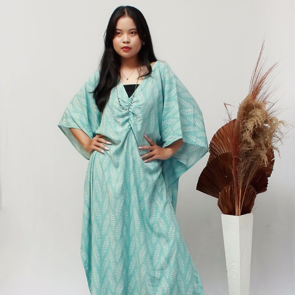 0109/ Pale Teal Leaf Pattern Kaftan, Long Kaftan - Picture 12 of 14